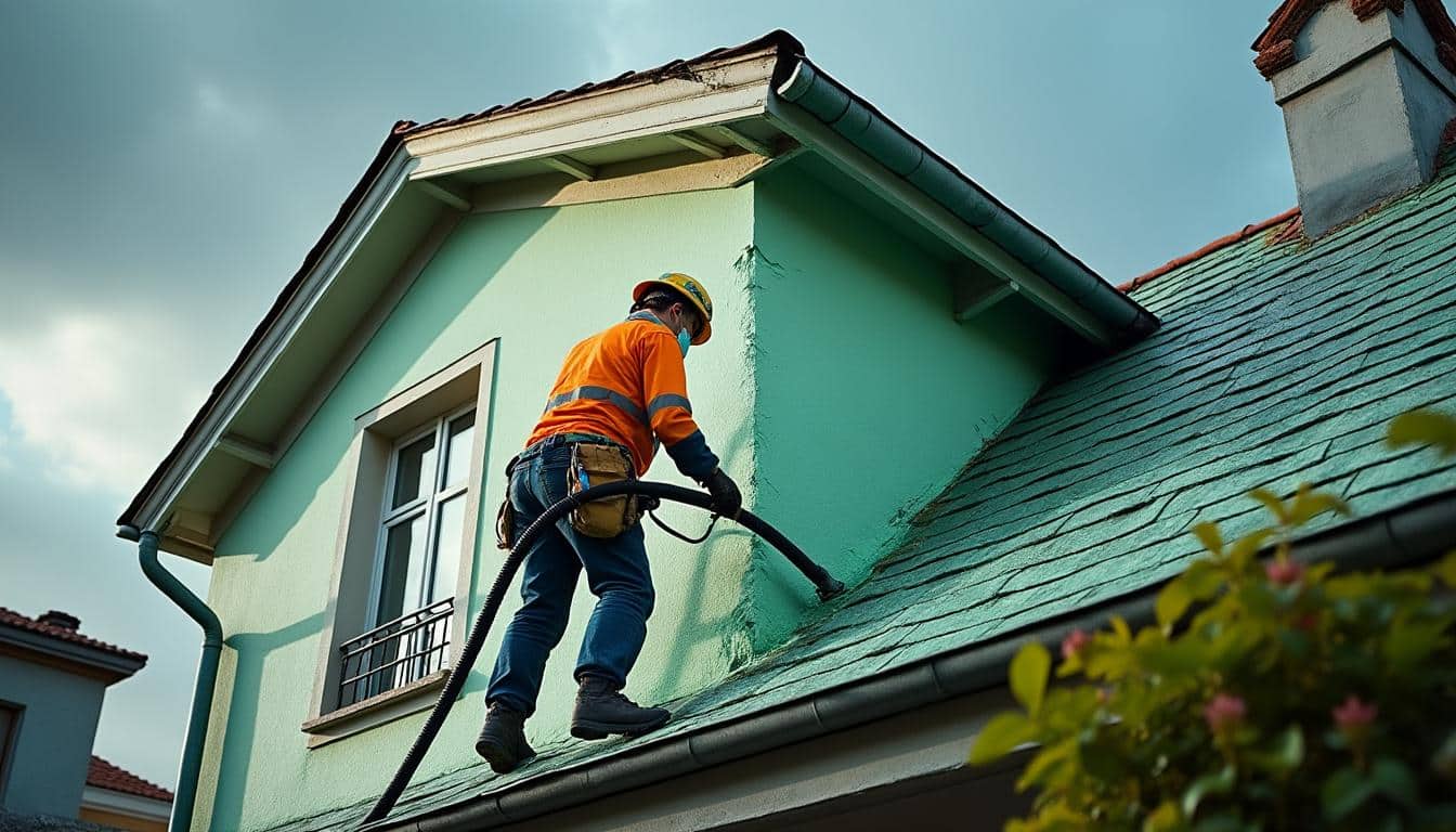 Illustration: Procédures de traitement d’une toiture amiante envahie par la mousse et les infiltrations