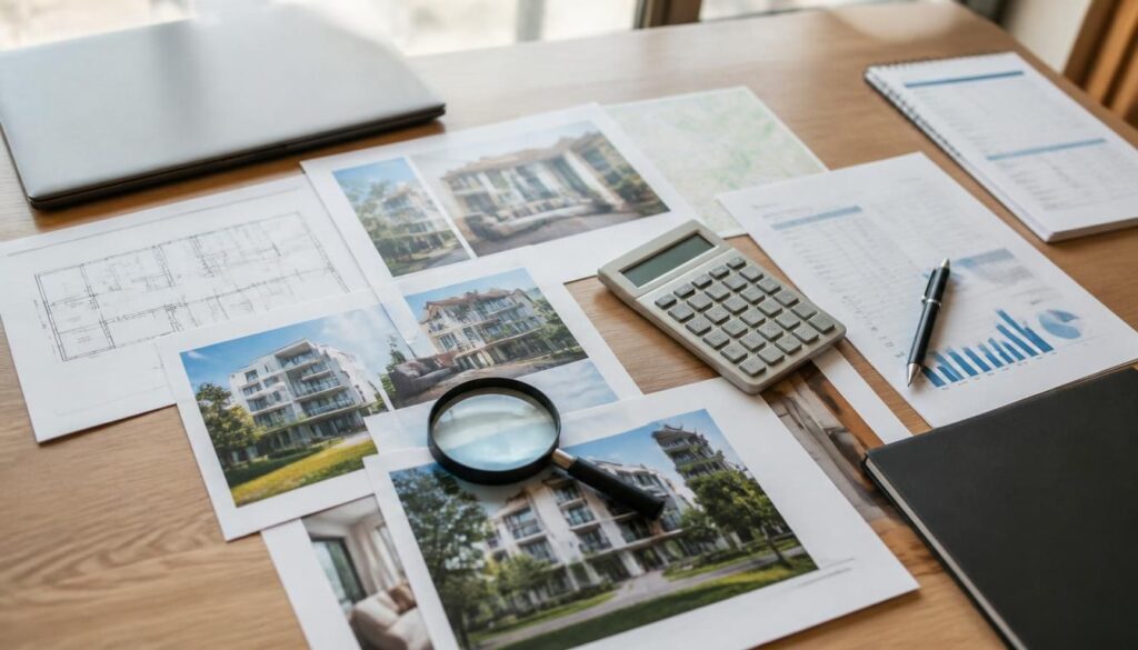 Photos d’immeubles, plan d’appartement, loupe et calculatrice posés sur un bureau
