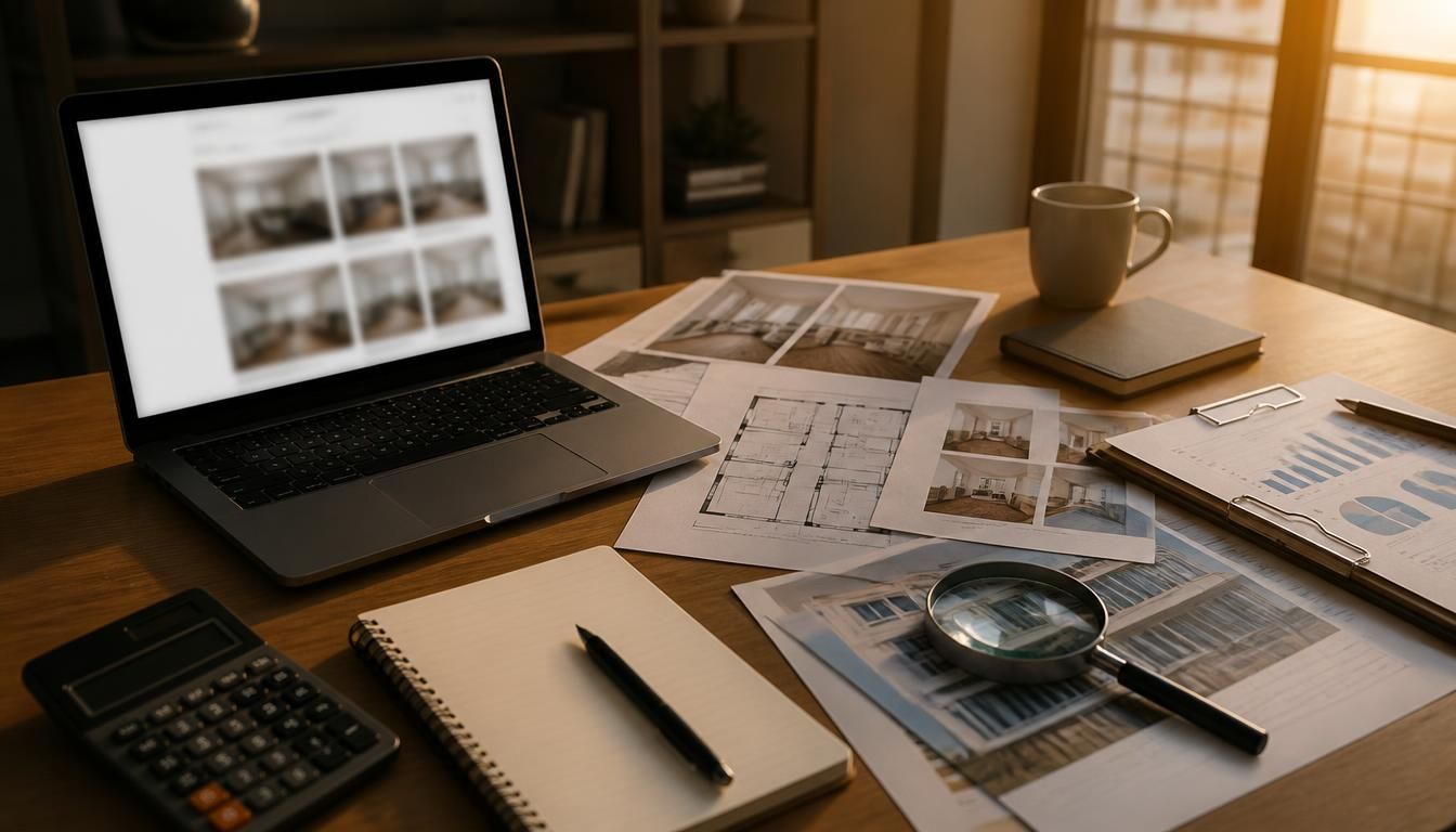 Ordinateur affichant des photos de logements, plans et calculatrice sur un bureau